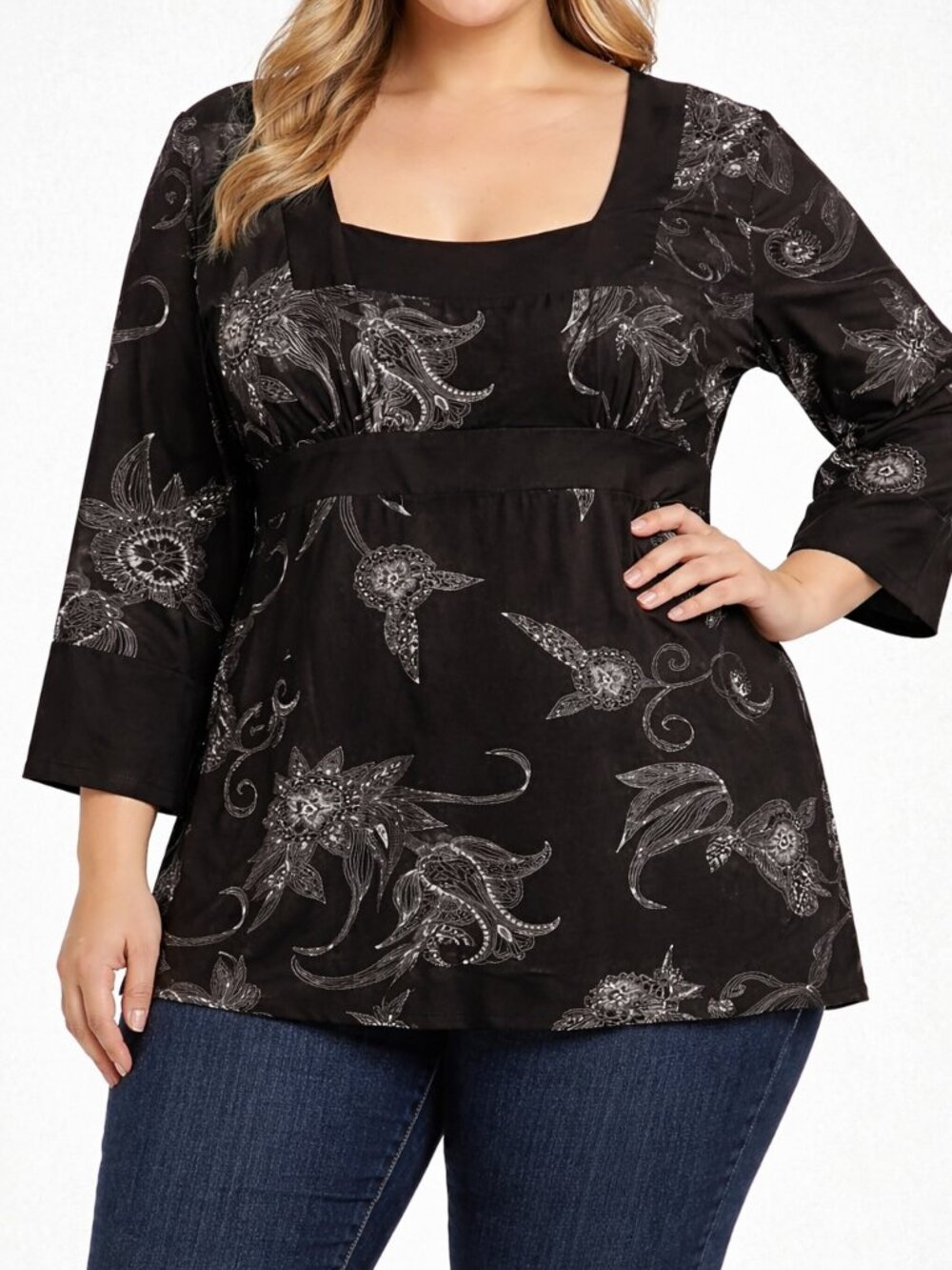 Beechers Brook Stretch Womens blouse black floral 3/4 Sleeves shabby chic-Large